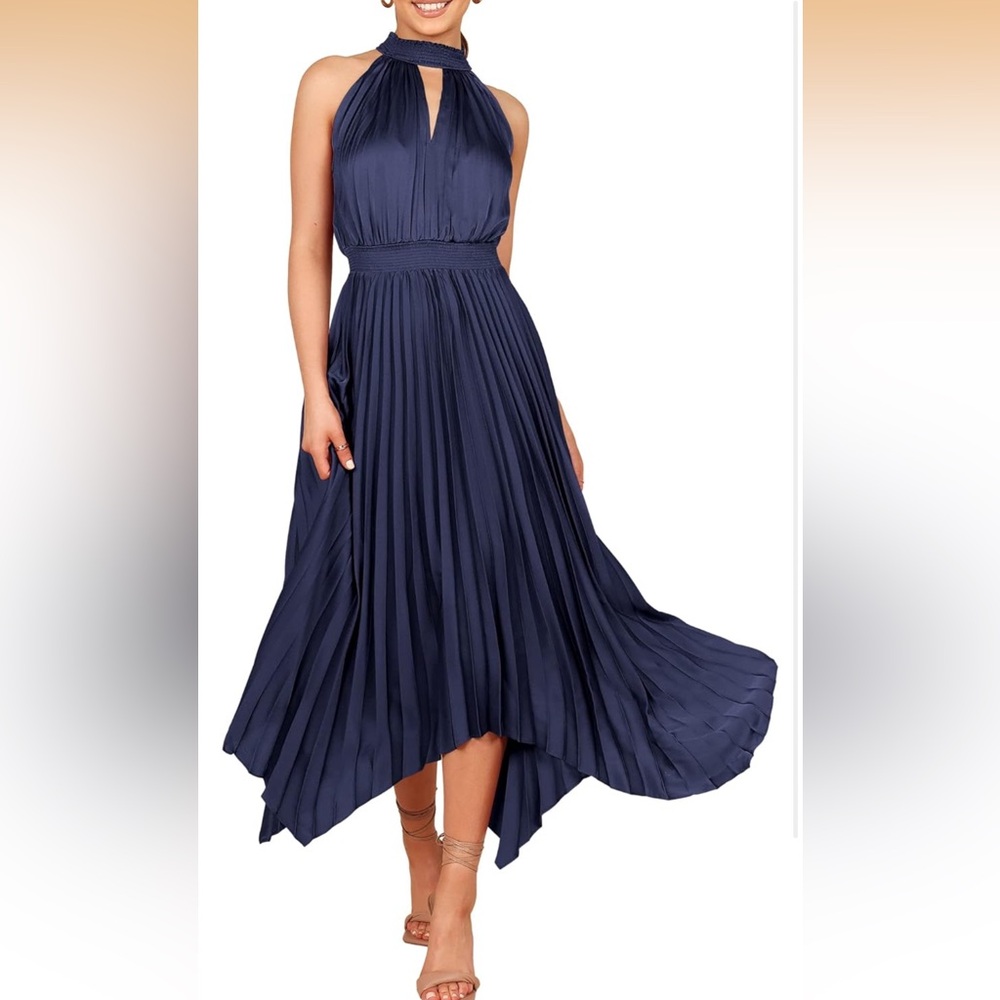 Elegant Blue Pleated Halter Dress